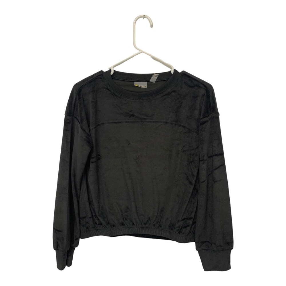 NWOT Zella Velour Pullover Crewneck Purple Black Sweatshirt Girls Elastic Comfy